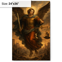 Archangel Michael weighing souls over a ruined city metal print on a plain backdrop in size 24"x36".