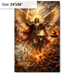 Archangel Michael weighing souls over a ruined city metal print on a plain backdrop in size 24"x36".