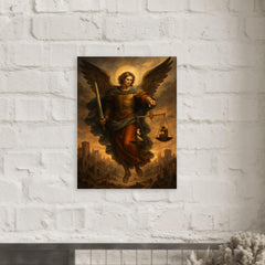 Archangel Michael weighing souls over a ruined city metal print mockup