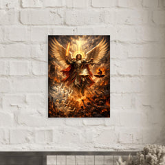 Archangel Michael weighing souls over a ruined city metal print mockup