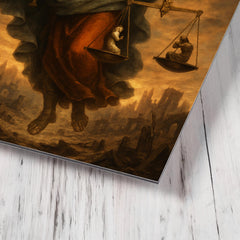 Archangel Michael weighing souls over a ruined city metal print mockup