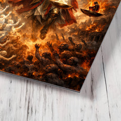Archangel Michael weighing souls over a ruined city metal print mockup