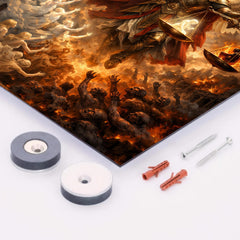 Archangel Michael weighing souls over a ruined city metal print mockup