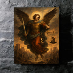 Archangel Michael weighing souls over a ruined city metal print mockup