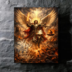 Archangel Michael weighing souls over a ruined city metal print mockup