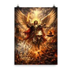Archangel Michael weighing souls over a ruined city poster on a plain backdrop in size 8"x10".