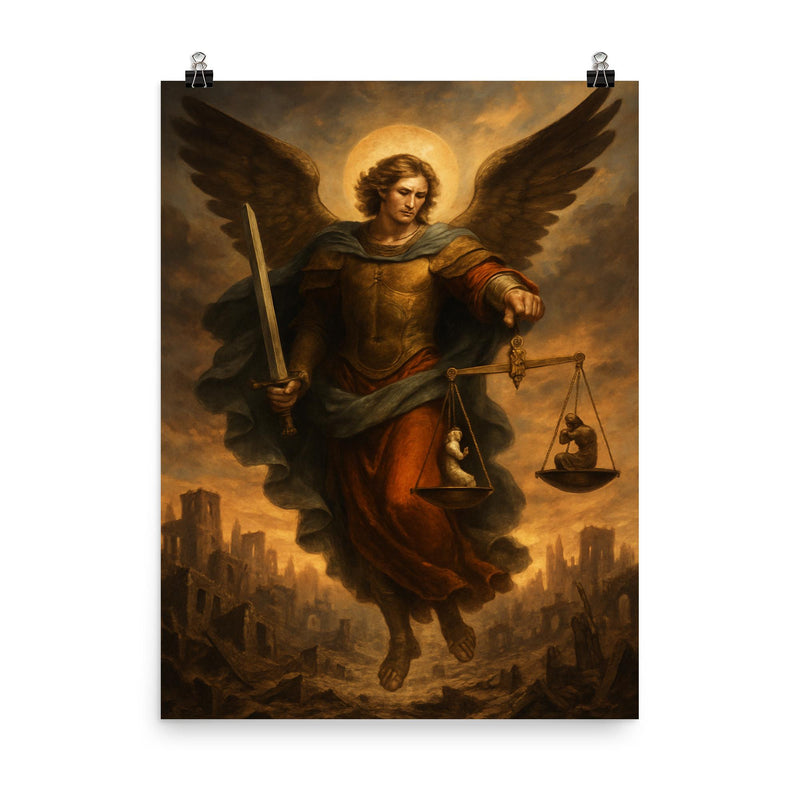 Archangel Michael weighing souls over a ruined city poster on a plain backdrop in size 8