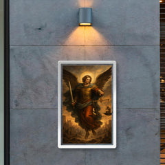 Archangel Michael weighing souls over a ruined city poster 2