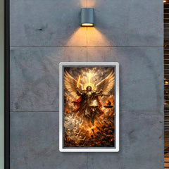 Archangel Michael weighing souls over a ruined city poster 2