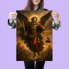 Archangel Michael weighing souls over a ruined city poster 3
