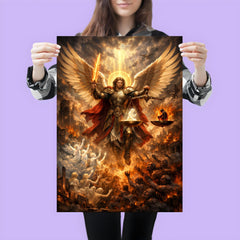 Archangel Michael weighing souls over a ruined city poster 3