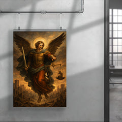 Archangel Michael weighing souls over a ruined city poster 4