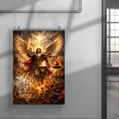 Archangel Michael weighing souls over a ruined city poster 4