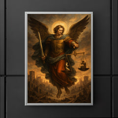 Archangel Michael weighing souls over a ruined city poster 5
