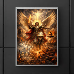 Archangel Michael weighing souls over a ruined city poster 5