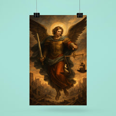 Archangel Michael weighing souls over a ruined city poster 6