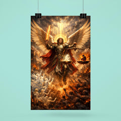 Archangel Michael weighing souls over a ruined city poster 6