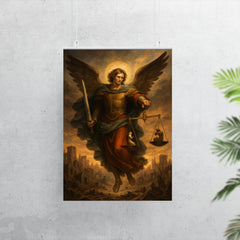 Archangel Michael weighing souls over a ruined city poster 7