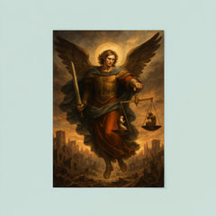 Archangel Michael weighing souls over a ruined city poster 8