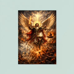 Archangel Michael weighing souls over a ruined city poster 8