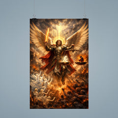 Archangel Michael weighing souls over a ruined city poster 9