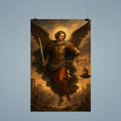 Archangel Michael weighing souls over a ruined city poster 9