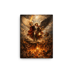 Archangel Michael weighing souls over burning abyss canvas print on a plain backdrop in size 12"x16".