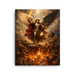 Archangel Michael weighing souls over burning abyss canvas print on a plain backdrop in size 16"x20".