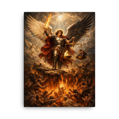 Archangel Michael weighing souls over burning abyss canvas print on a plain backdrop in size 18"x24".
