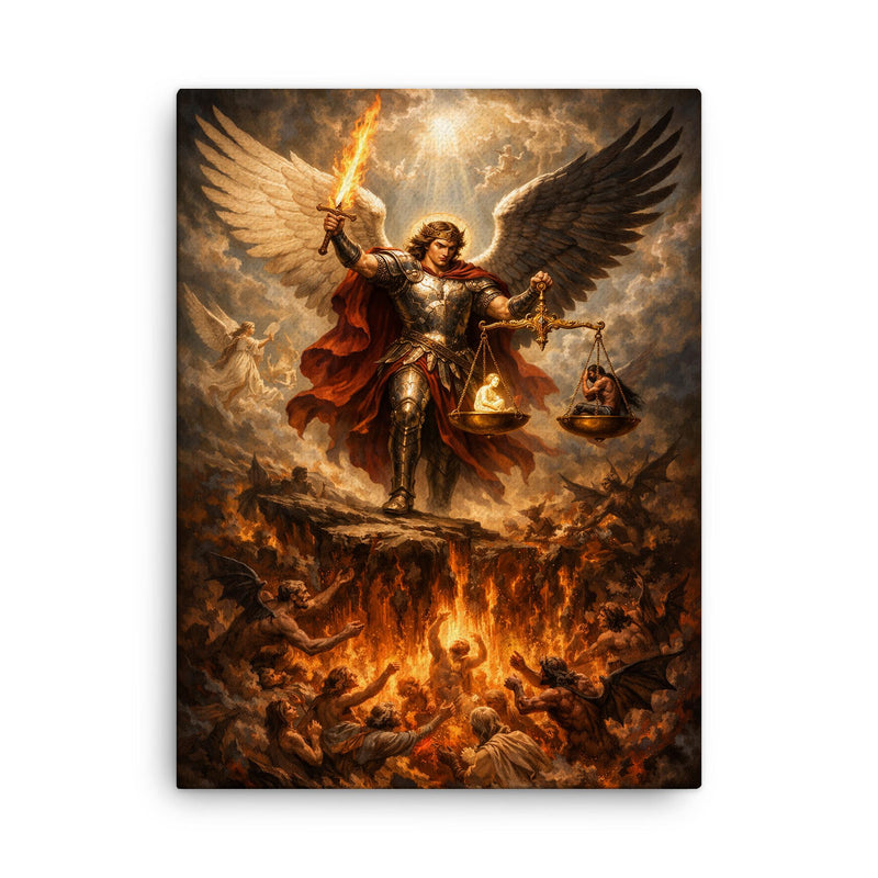 Archangel Michael weighing souls over burning abyss canvas print on a plain backdrop in size 18