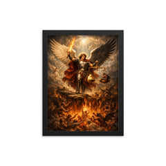 Archangel Michael weighing souls over burning abyss framed print on a plain backdrop in size 12"x16".