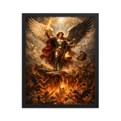 Archangel Michael weighing souls over burning abyss framed print on a plain backdrop in size 16"x20".
