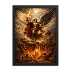 Archangel Michael weighing souls over burning abyss framed print on a plain backdrop in size 18"x24".