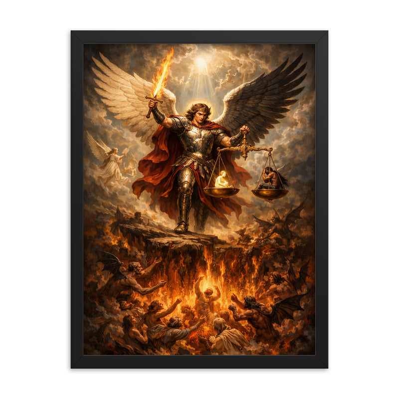 Archangel Michael weighing souls over burning abyss framed print on a plain backdrop in size 18