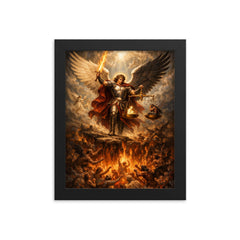 Archangel Michael weighing souls over burning abyss framed print on a plain backdrop in size 8"x10".