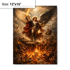 Archangel Michael weighing souls over burning abyss metal print on a plain backdrop in size 12"x16".