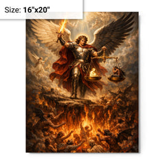 Archangel Michael weighing souls over burning abyss metal print on a plain backdrop in size 16"x20".