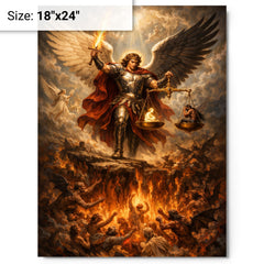 Archangel Michael weighing souls over burning abyss metal print on a plain backdrop in size 18"x24".