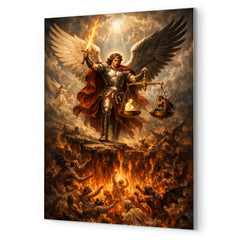 Archangel Michael weighing souls over burning abyss metal print mockup