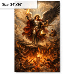 Archangel Michael weighing souls over burning abyss metal print on a plain backdrop in size 24"x36".
