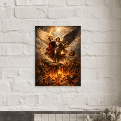 Archangel Michael weighing souls over burning abyss metal print mockup
