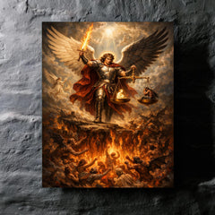 Archangel Michael weighing souls over burning abyss metal print mockup