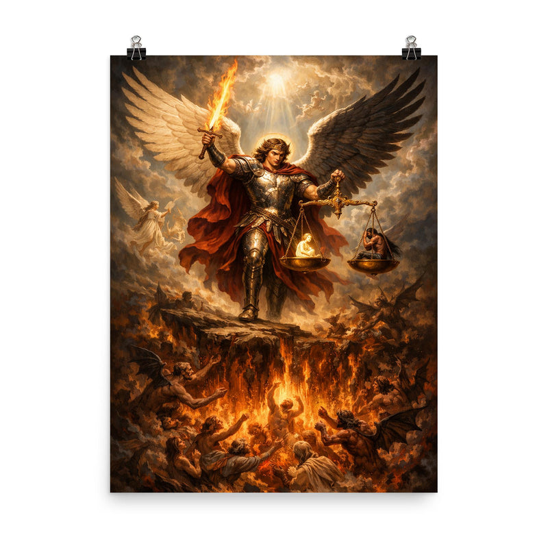 Archangel Michael weighing souls over burning abyss poster on a plain backdrop in size 8