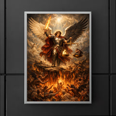 Archangel Michael weighing souls over burning abyss poster 5