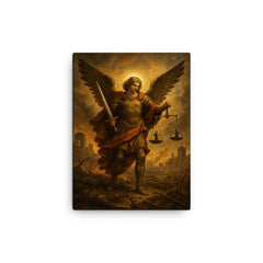 Archangel Michael weighing souls over ruined battlefield canvas print on a plain backdrop in size 12"x16".