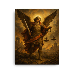 Archangel Michael weighing souls over ruined battlefield canvas print on a plain backdrop in size 16"x20".