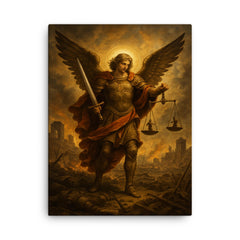 Archangel Michael weighing souls over ruined battlefield canvas print on a plain backdrop in size 18"x24".