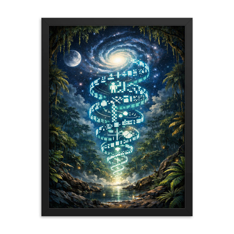 Arecibo message spiraling through jungle night framed print on a plain backdrop in size 18