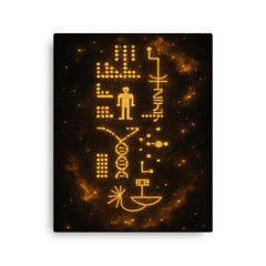 Arecibo message visualized as golden cosmic glyphs canvas print on a plain backdrop in size 16"x20".