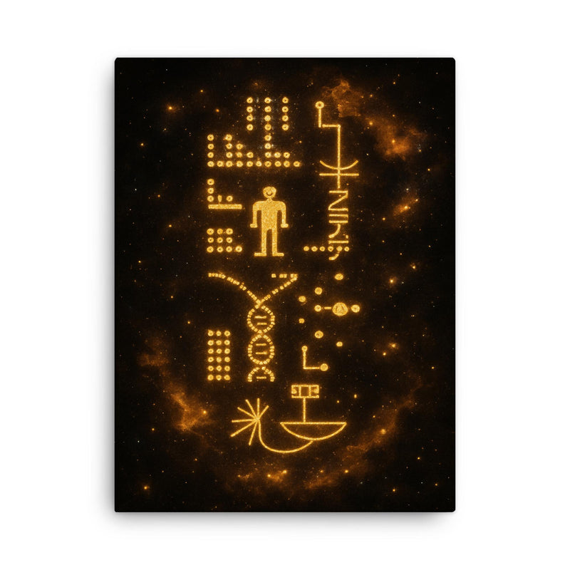 Arecibo message visualized as golden cosmic glyphs canvas print on a plain backdrop in size 18